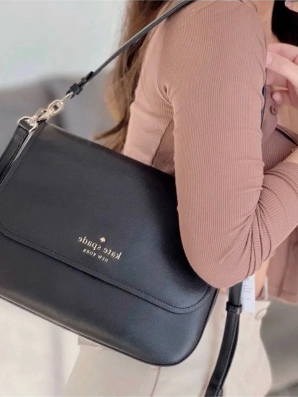 kate spade New York Shoulder Bag Crossbody Purse Black Saffiano Leather Gold